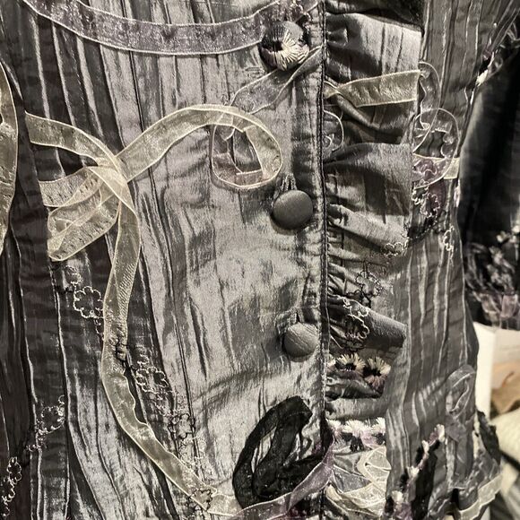 Unique Agora Crinkle Ribbon Detailed Artsy Graphite Evening Jacket Women's Large - Picture 2 of 11
